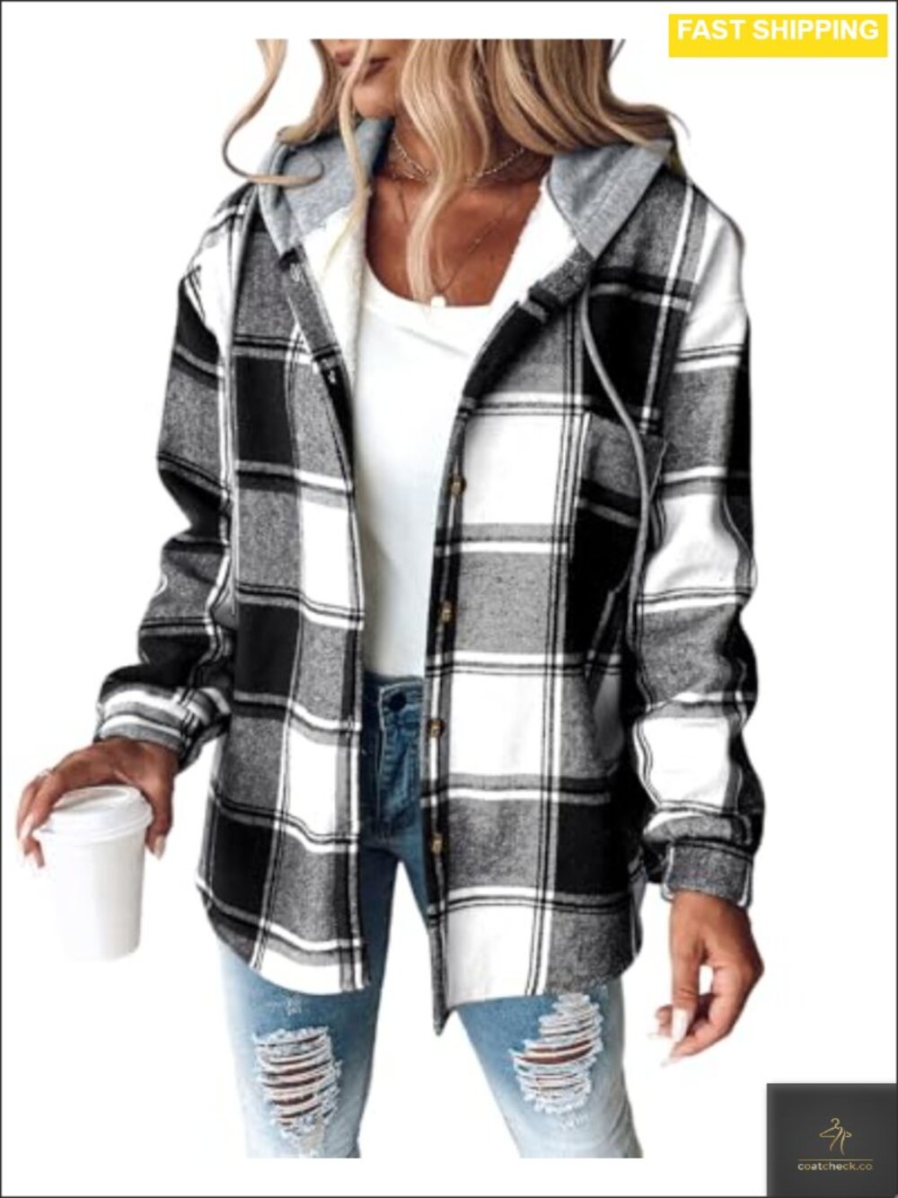 Plaid Hooded Fleece Lined Shacket Button Down Casual Jacket